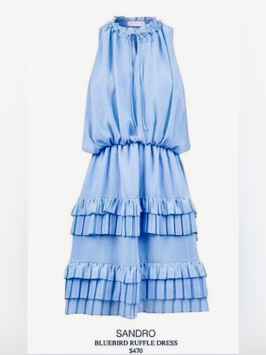 Sandro Bluebird Ruffle Tiered Chiffon Halter Tie Neck Mini Dress Periwinkle Blue